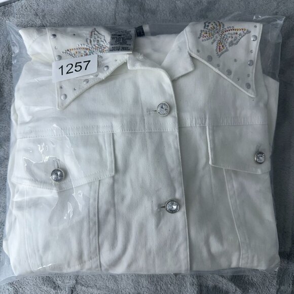 Maggie Sweet Denim Jacket Beaded Butterfly Detail Womens White Size Large Petite - Picture 12 of 12